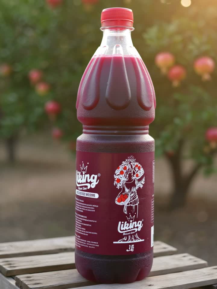 Nar bahçesinde ahşap kasanın üzerinde duran 1 litrelik Liking dondurulmuş nar suyu şişesi